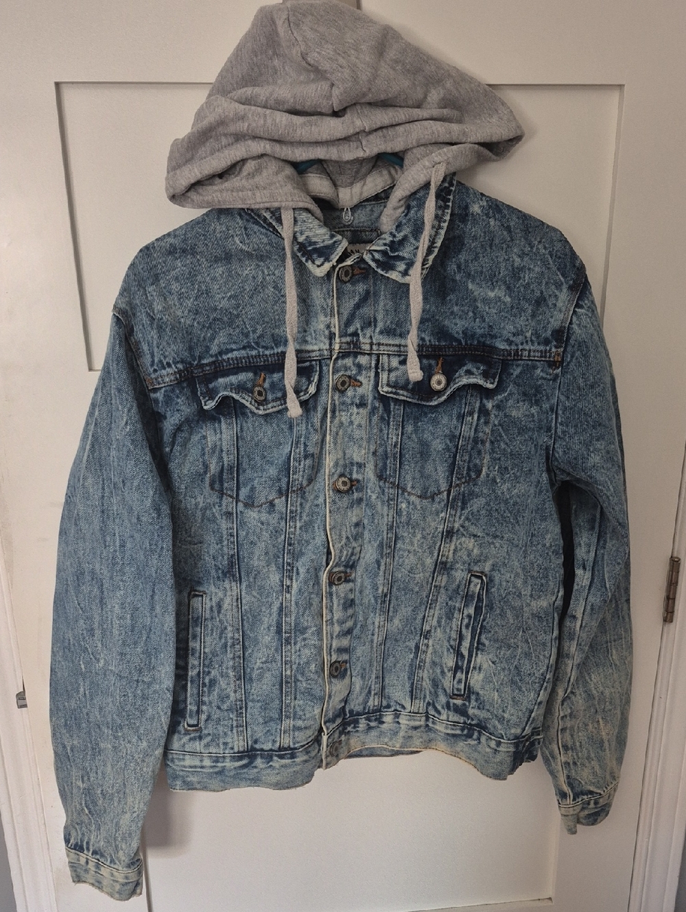 Urban Heritage Light Blue Acid Wash Denim Jacket with Gray Hood